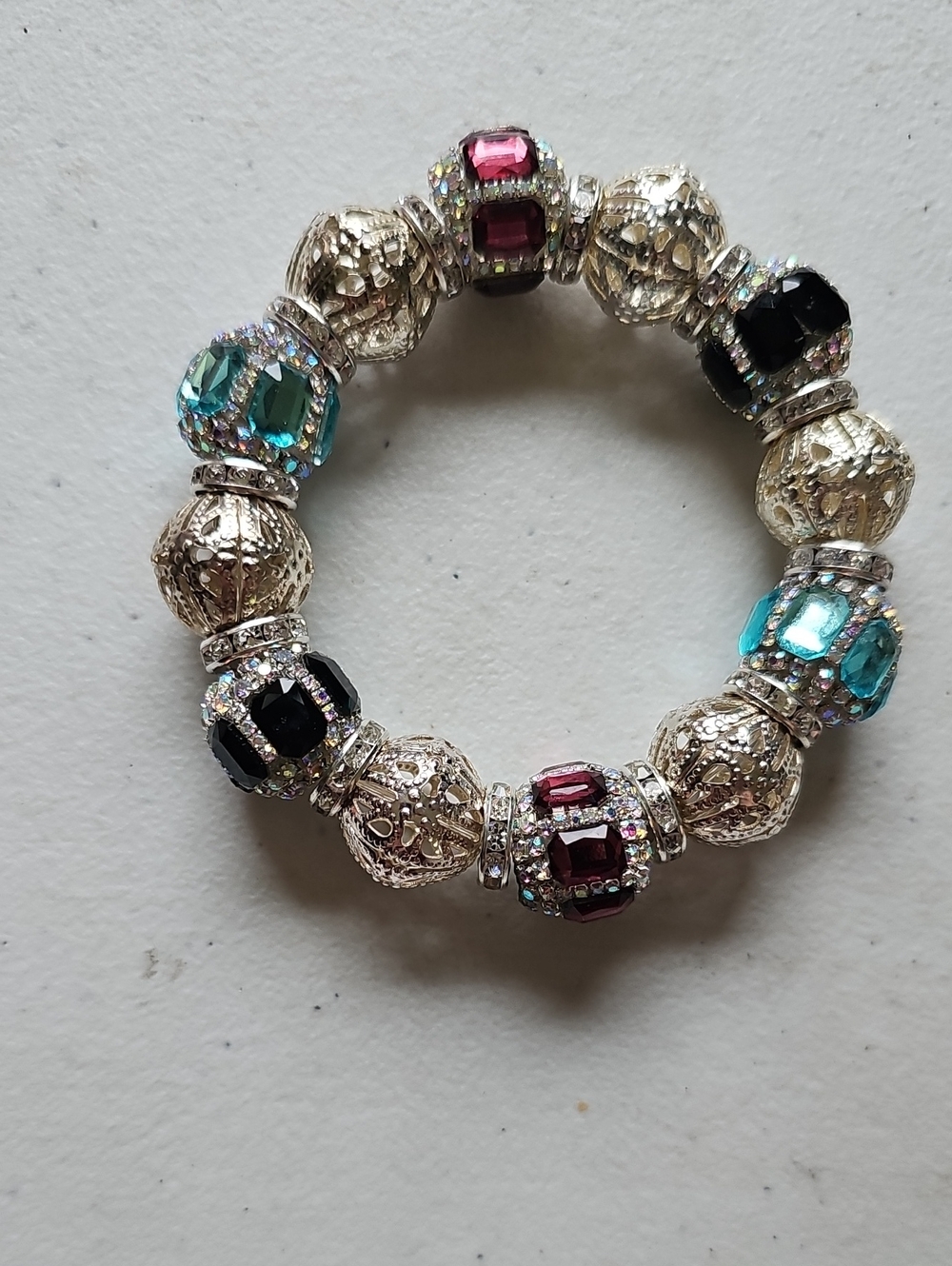 Multi-Color Crystal Beaded Stretch Bracelet - Silver Accents